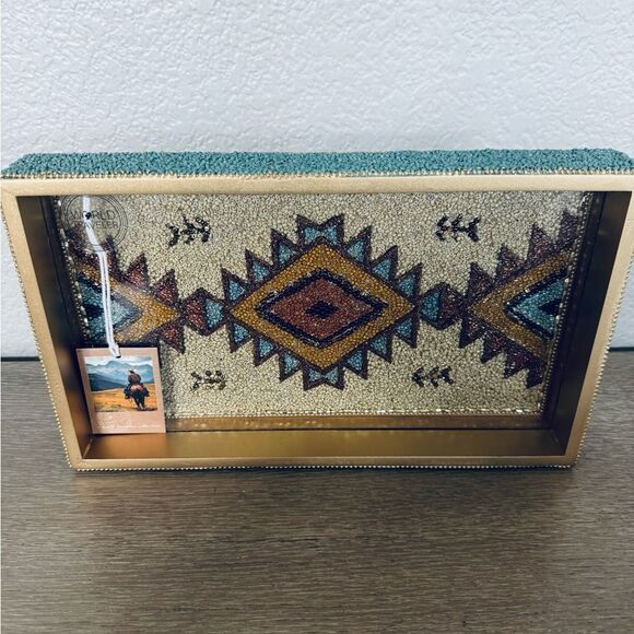 Southwest Western Aztec Tribal Beaded Blue Tan Brown Decor Serving Decor Tray - Picture 2 of 11